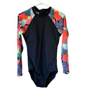 Avia Womens Floral Coral Reef Long Sleeve One Piece Back Zip Swimsuit Medium M